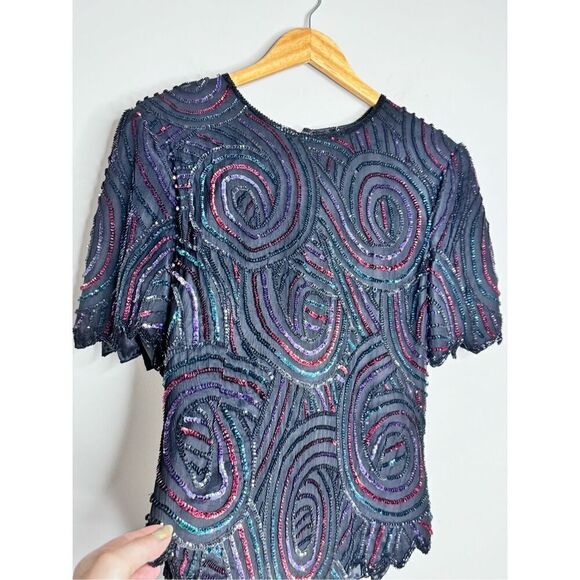 Vintage 80”s psychedelic sequin silk top sz M - Picture 4 of 8